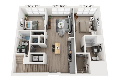 A 3D floor plan of a small apartment with a kitchen, living room, and bedroom.